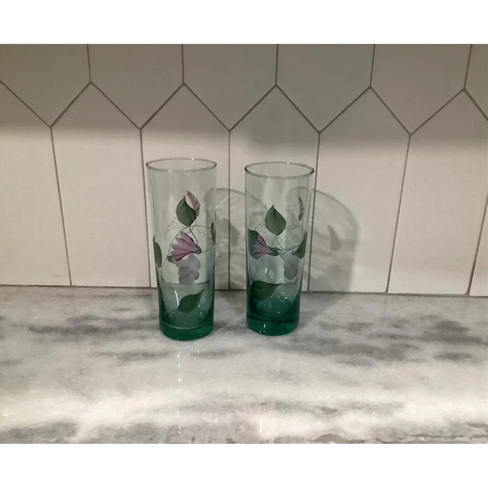 Vintage Fenton Signed 2 Hand Painted Green‎ Floral Highball Tumblers Glasses